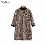 Vadim women leopard print mini dress animal pattern turtleneck half sleeve straight female casual retro dresses vestidos QA718
