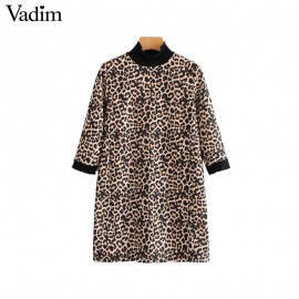 Vadim women leopard print mini dress animal pattern turtleneck half sleeve straight female casual retro dresses vestidos QA718