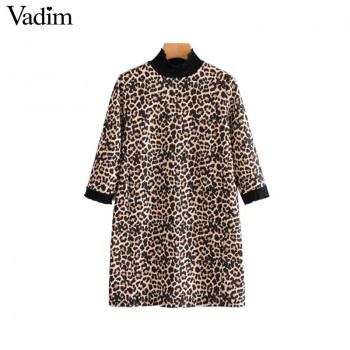 Vadim women leopard print mini dress animal pattern turtleneck half sleeve straight female casual retro dresses vestidos QA718