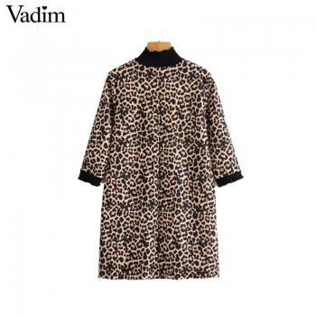 Vadim women leopard print mini dress animal pattern turtleneck half sleeve straight female casual retro dresses vestidos QA718