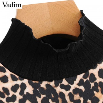 Vadim women leopard print mini dress animal pattern turtleneck half sleeve straight female casual retro dresses vestidos QA718