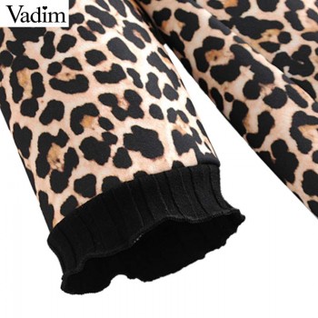 Vadim women leopard print mini dress animal pattern turtleneck half sleeve straight female casual retro dresses vestidos QA718