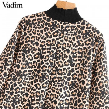 Vadim women leopard print mini dress animal pattern turtleneck half sleeve straight female casual retro dresses vestidos QA718