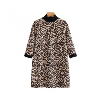 Vadim women leopard print mini dress animal pattern turtleneck half sleeve straight female casual retro dresses vestidos QA718