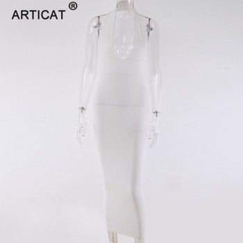 Articat Halter Backless Sexy Knitted Pencil Dress Women White Off Shoulder Long Bodycon Party Dress Elegant Autumn Winter Dress