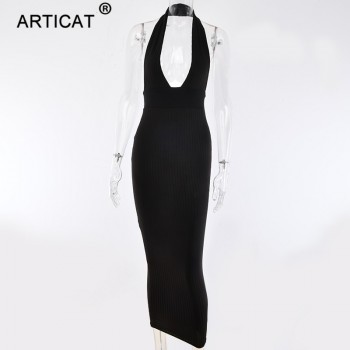 Articat Halter Backless Sexy Knitted Pencil Dress Women White Off Shoulder Long Bodycon Party Dress Elegant Autumn Winter Dress