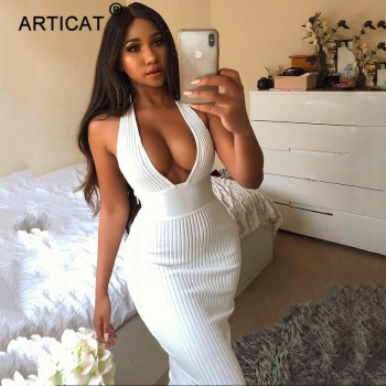 Articat Halter Backless Sexy Knitted Pencil Dress Women White Off Shoulder Long Bodycon Party Dress Elegant Autumn Winter Dress