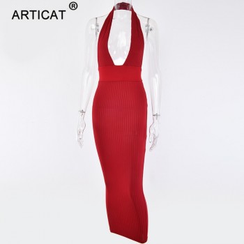 Articat Halter Backless Sexy Knitted Pencil Dress Women White Off Shoulder Long Bodycon Party Dress Elegant Autumn Winter Dress