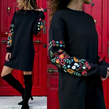 Y Nidus Dresses Women Winter Mini Dress Elegant Floral Print Long Sleeve O-Neck Loose Warm Dress Black Streeetwear vestido 2018