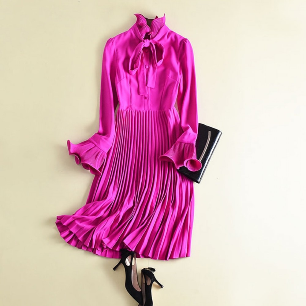 HIGH QUALITY Newest 2019 Designer Fashion Runway Dress Womens Flare Sleeve Bow Collar Midi Pleated Dress
