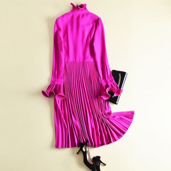 HIGH QUALITY Newest 2019 Designer Fashion Runway Dress Womens Flare Sleeve Bow Collar Midi Pleated Dress