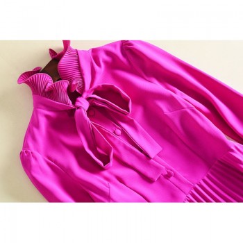 HIGH QUALITY Newest 2019 Designer Fashion Runway Dress Womens Flare Sleeve Bow Collar Midi Pleated Dress