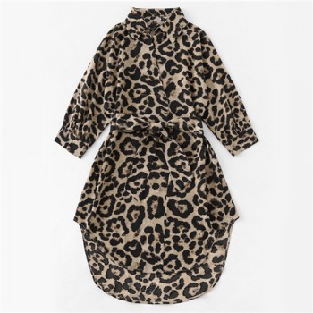 ROMWE Belted Leopard Print Stand Collar Dresses Women Casual Summer New Style Short Sleeve Female A Line Knee Length Sexy Dress
