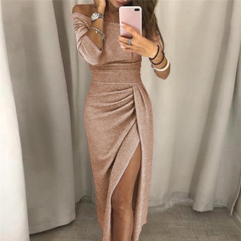 9 Colors S-3XL winter dress women Sexy Club shiny slit push up slash neck party formal long black red vestidos dresses woman
