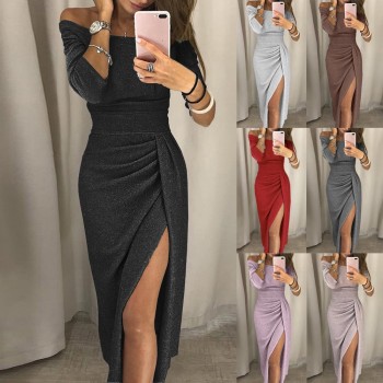9 Colors S-3XL winter dress women Sexy Club shiny slit push up slash neck party formal long black red vestidos dresses woman