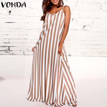 Women Striped Maxi Long Dress 2018 Summer Boho Casual Loose Sexy V Neck Sleeveless Beach Female Vestidos Plus Size Dresses