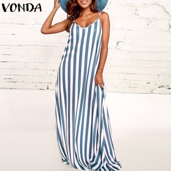 Women Striped Maxi Long Dress 2018 Summer Boho Casual Loose Sexy V Neck Sleeveless Beach Female Vestidos Plus Size Dresses