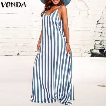 Women Striped Maxi Long Dress 2018 Summer Boho Casual Loose Sexy V Neck Sleeveless Beach Female Vestidos Plus Size Dresses
