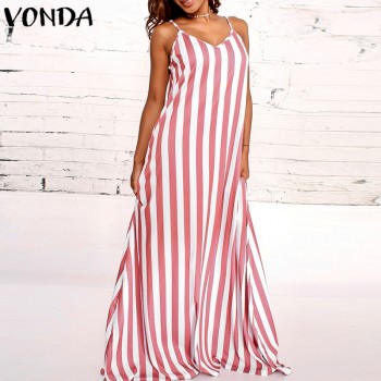Women Striped Maxi Long Dress 2018 Summer Boho Casual Loose Sexy V Neck Sleeveless Beach Female Vestidos Plus Size Dresses