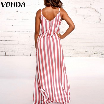Women Striped Maxi Long Dress 2018 Summer Boho Casual Loose Sexy V Neck Sleeveless Beach Female Vestidos Plus Size Dresses