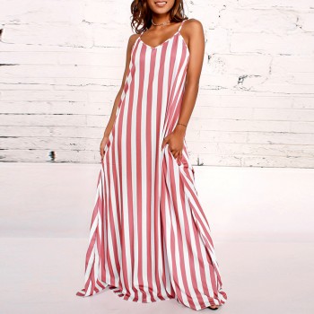 Women Striped Maxi Long Dress 2018 Summer Boho Casual Loose Sexy V Neck Sleeveless Beach Female Vestidos Plus Size Dresses