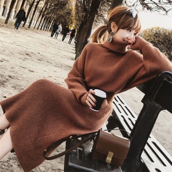 2018 Drop Ship Winter Female Sweater Dress Women Pullover Turtleneck Long Sleeves Warm Slim Sweater Knitted Dress With Belt