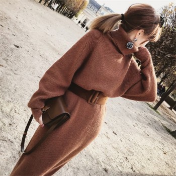 2018 Drop Ship Winter Female Sweater Dress Women Pullover Turtleneck Long Sleeves Warm Slim Sweater Knitted Dress With Belt