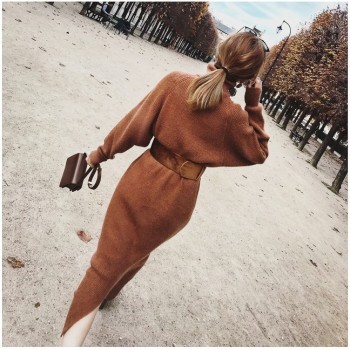 2018 Drop Ship Winter Female Sweater Dress Women Pullover Turtleneck Long Sleeves Warm Slim Sweater Knitted Dress With Belt