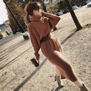 2018 Drop Ship Winter Female Sweater Dress Women Pullover Turtleneck Long Sleeves Warm Slim Sweater Knitted Dress With Belt