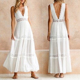 Deep V Elegant White Lace Sexy Dress Women Backless Hollow Out Summer Long Maxi Dresses Female Clothing S M L XL
