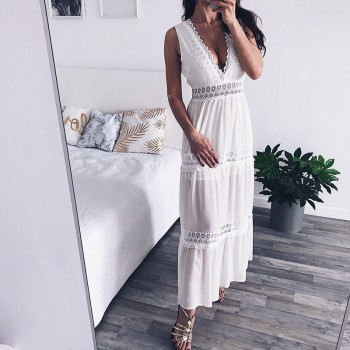 Deep V Elegant White Lace Sexy Dress Women Backless Hollow Out Summer Long Maxi Dresses Female Clothing S M L XL