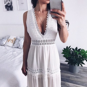 Deep V Elegant White Lace Sexy Dress Women Backless Hollow Out Summer Long Maxi Dresses Female Clothing S M L XL