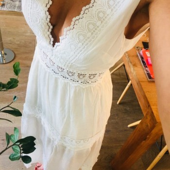 Deep V Elegant White Lace Sexy Dress Women Backless Hollow Out Summer Long Maxi Dresses Female Clothing S M L XL