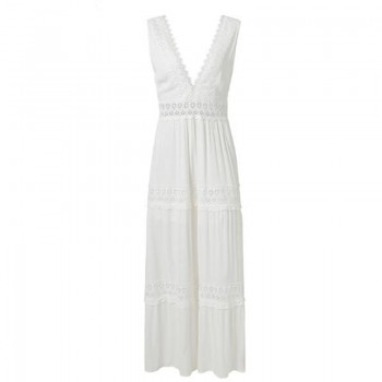 Deep V Elegant White Lace Sexy Dress Women Backless Hollow Out Summer Long Maxi Dresses Female Clothing S M L XL