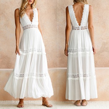Deep V Elegant White Lace Sexy Dress Women Backless Hollow Out Summer Long Maxi Dresses Female Clothing S M L XL