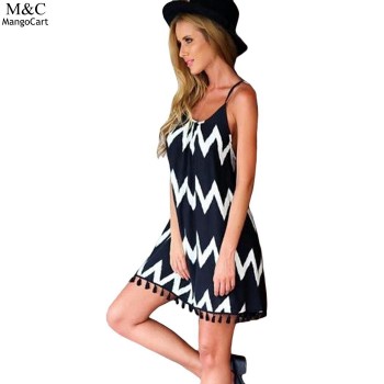 Women Summer Dress 2018 Sexy Beach Dress Vestidos Casual Geometric Printed Tassel Spaghetti Strap Women Mini Dresses