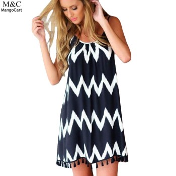 Women Summer Dress 2018 Sexy Beach Dress Vestidos Casual Geometric Printed Tassel Spaghetti Strap Women Mini Dresses