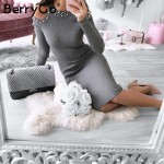 BerryGo Sexy off shoulder bead bodycon winter dress Women knitted sweater dress casual Elegant autumn red dress vestidos jumper