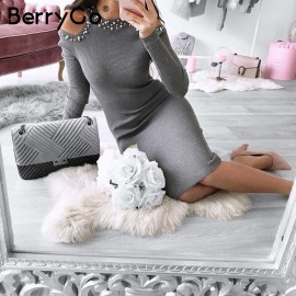 BerryGo Sexy off shoulder bead bodycon winter dress Women knitted sweater dress casual Elegant autumn red dress vestidos jumper