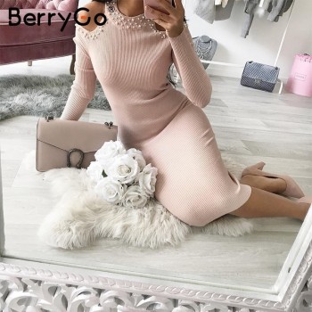 BerryGo Sexy off shoulder bead bodycon winter dress Women knitted sweater dress casual Elegant autumn red dress vestidos jumper