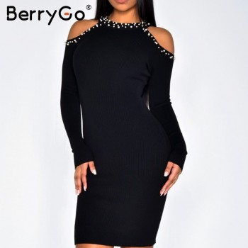 BerryGo Sexy off shoulder bead bodycon winter dress Women knitted sweater dress casual Elegant autumn red dress vestidos jumper