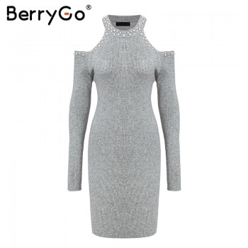 BerryGo Sexy off shoulder bead bodycon winter dress Women knitted sweater dress casual Elegant autumn red dress vestidos jumper