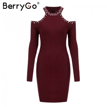 BerryGo Sexy off shoulder bead bodycon winter dress Women knitted sweater dress casual Elegant autumn red dress vestidos jumper