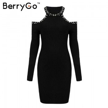 BerryGo Sexy off shoulder bead bodycon winter dress Women knitted sweater dress casual Elegant autumn red dress vestidos jumper