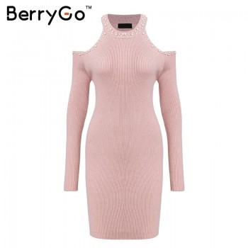 BerryGo Sexy off shoulder bead bodycon winter dress Women knitted sweater dress casual Elegant autumn red dress vestidos jumper