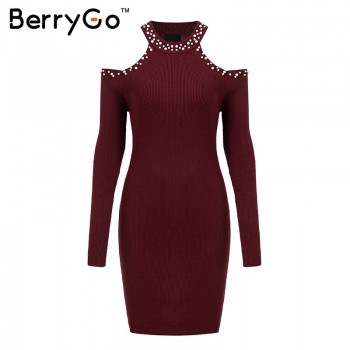 BerryGo Sexy off shoulder bead bodycon winter dress Women knitted sweater dress casual Elegant autumn red dress vestidos jumper
