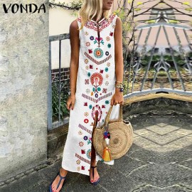 VONDA Women Floral Printed Dress 2019 Summer Boho Casual Loose Sleeveless Split Hem Party Dresses Long Kaftan Vestidos Plus Size