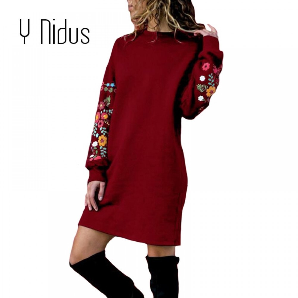 Y Nidus Winter Warm Dresses Women Mini Dress Elegant Floral Print Long Sleeve O-Neck Loose Dress Black Streeetwear vestido 2018