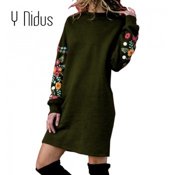 Y Nidus Winter Warm Dresses Women Mini Dress Elegant Floral Print Long Sleeve O-Neck Loose Dress Black Streeetwear vestido 2018