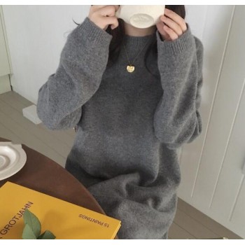 Women Autumn Winter Long Sleeve Long Sweater Dress Female Pullover Straight Knitted Solid Korean Clothes Plus Size Robe Femme